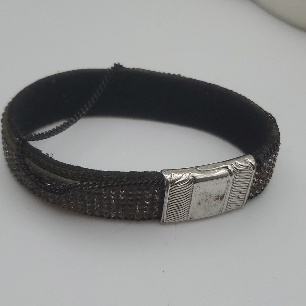 Punk grunge black leather bracelet‎ steampunk chain B0630